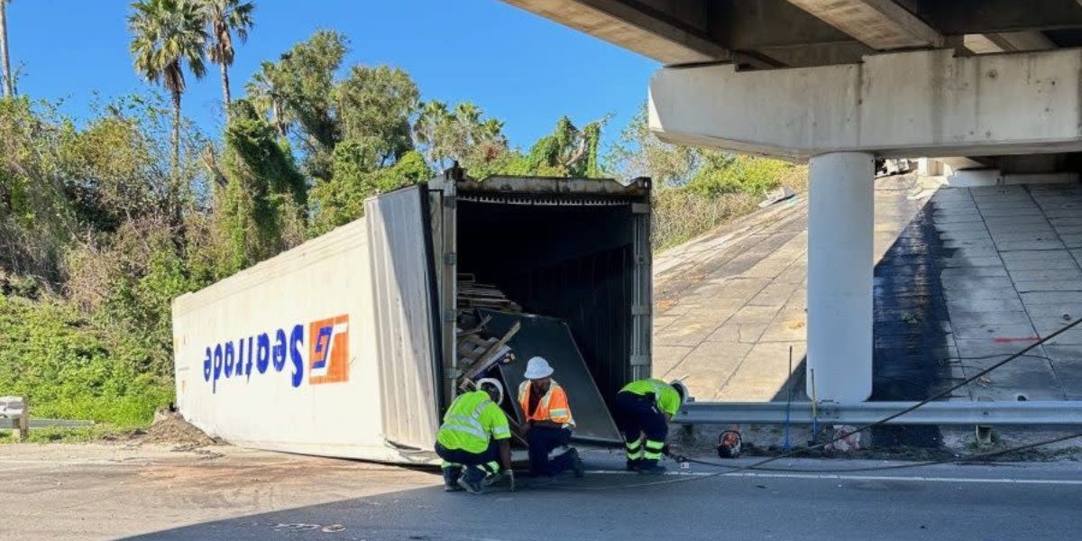 Tractor-Trailor Fell-Off from Overpass in Florida; Woman Driver under Overpass Seriously Injured